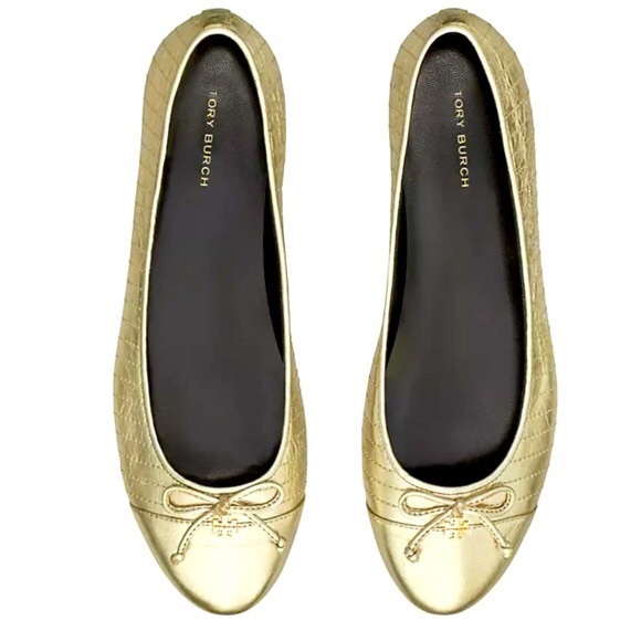 NEW Tory Burch Cap Toe Quilted Ballet Flats in Gold - Picture 1 of 7